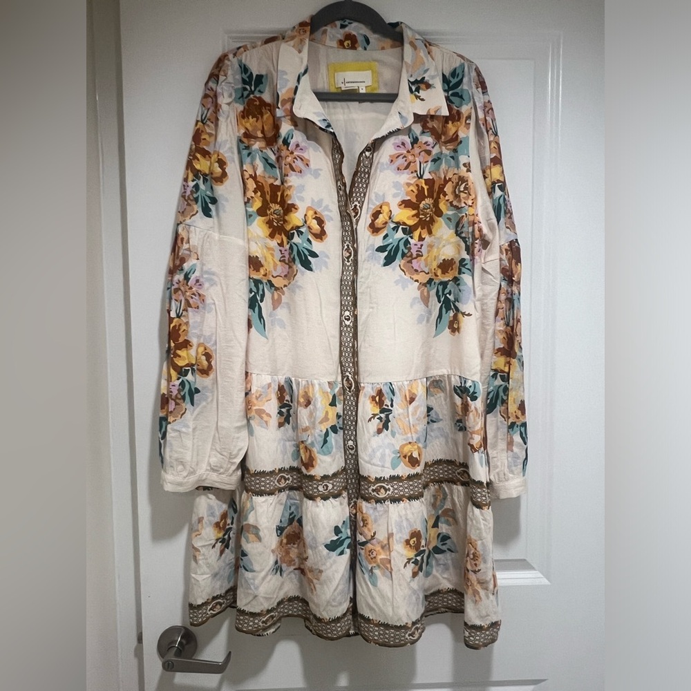 Anthropologie Floral Long Sleeve Dress - Cream and Brown